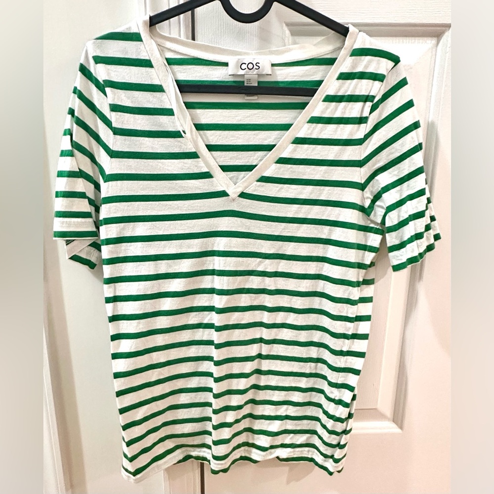 New COS 100% cotton Short Sleeve Green and White Striped Top